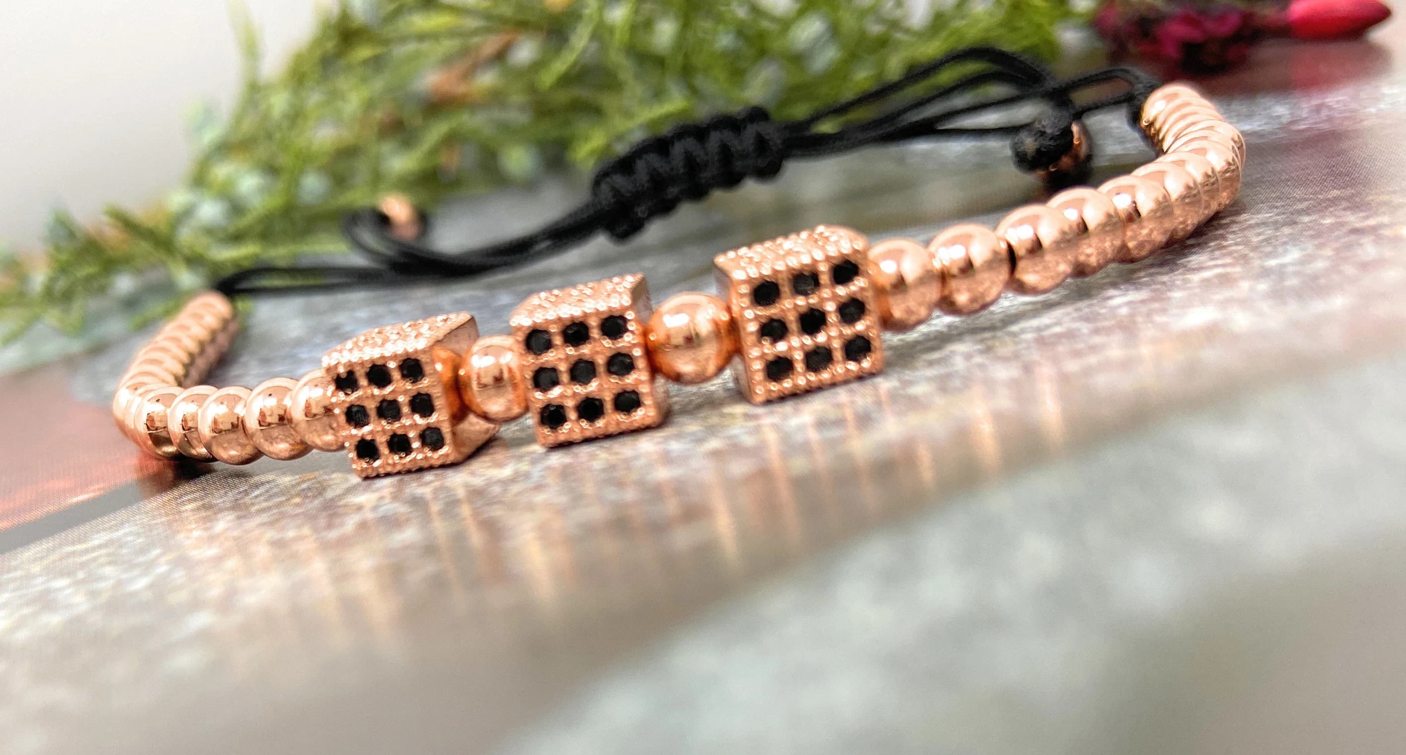 Cubic Zirconia Fashion Men Cube Bracelet | Rose Gold Adjustable Pave Cube Bracelet | 14K Gold Filled Cube Charms | Fathers Day Gift - image 4