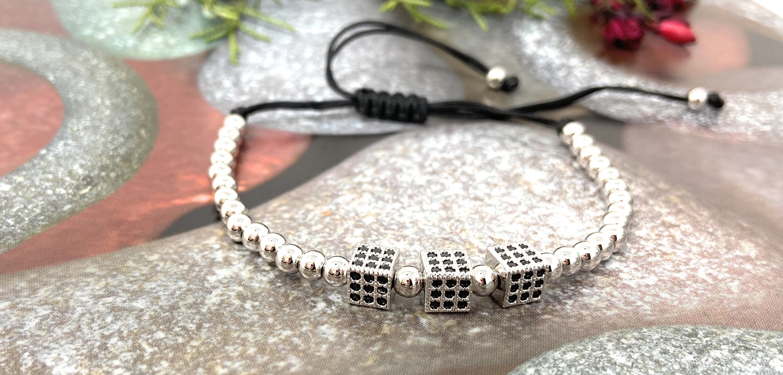Cubic Zirconia Fashion Men Cube Bracelet | Rose Gold Adjustable Pave Cube Bracelet | 14K Gold Filled Cube Charms | Fathers Day Gift - image 3