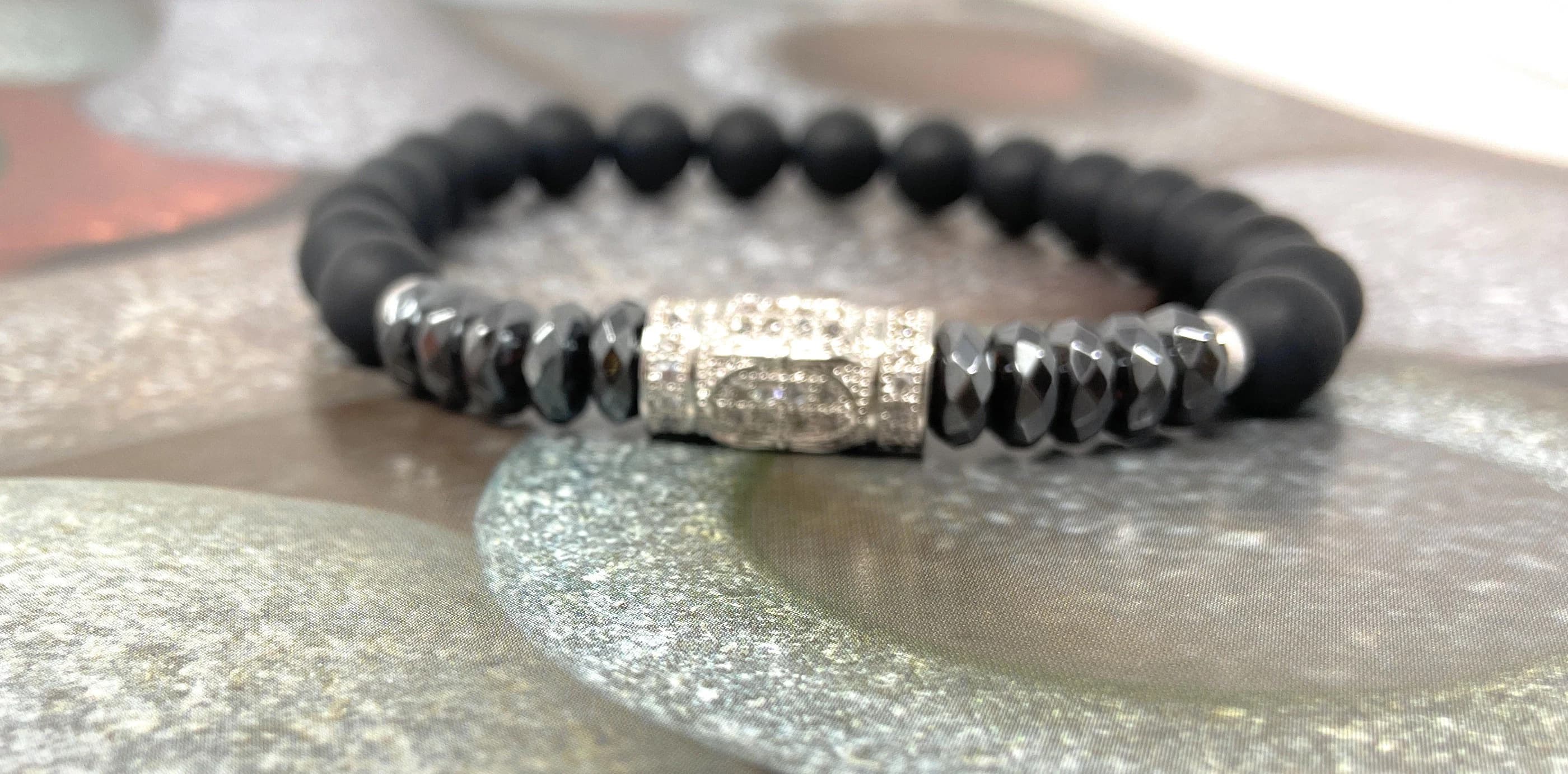 8 MM Matte Onyx Stone Bracelets | Cz Pave Charm Bangle | Matte Onyx Chakra Bracelet | Hematite Bead Surfer Bracelet Men | Fathers Day Gifts - image 3