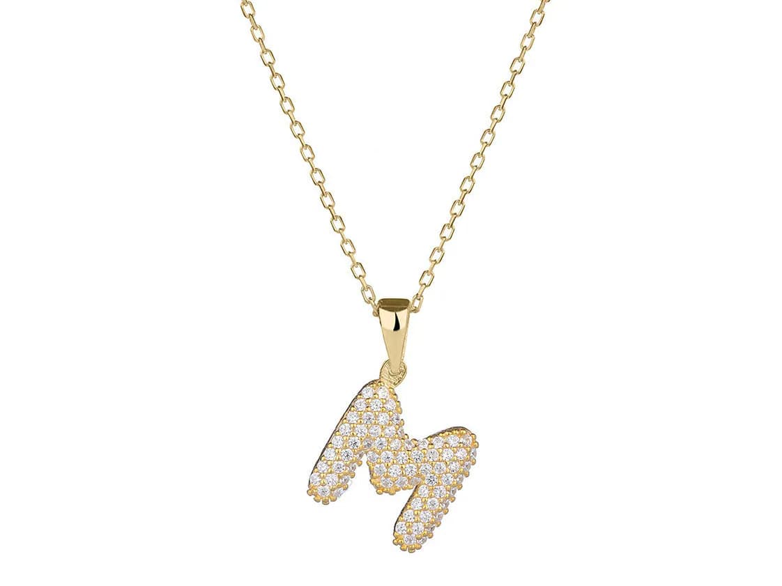 Silver Initial Letter Necklace, Gold Pave Initials, Letter M, K, L , J Pendant, Custom Bubble Initial Necklace, Dainty Silver, Gift for Her