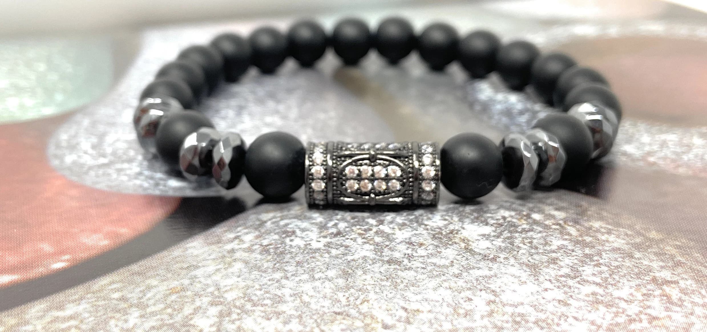 8 MM Matte Onyx Stone Bracelets | Cz Pave Charm Bangle | Matte Onyx Chakra Bracelet | Hematite Bead Surfer Bracelet Men | Fathers Day Gifts - image 4