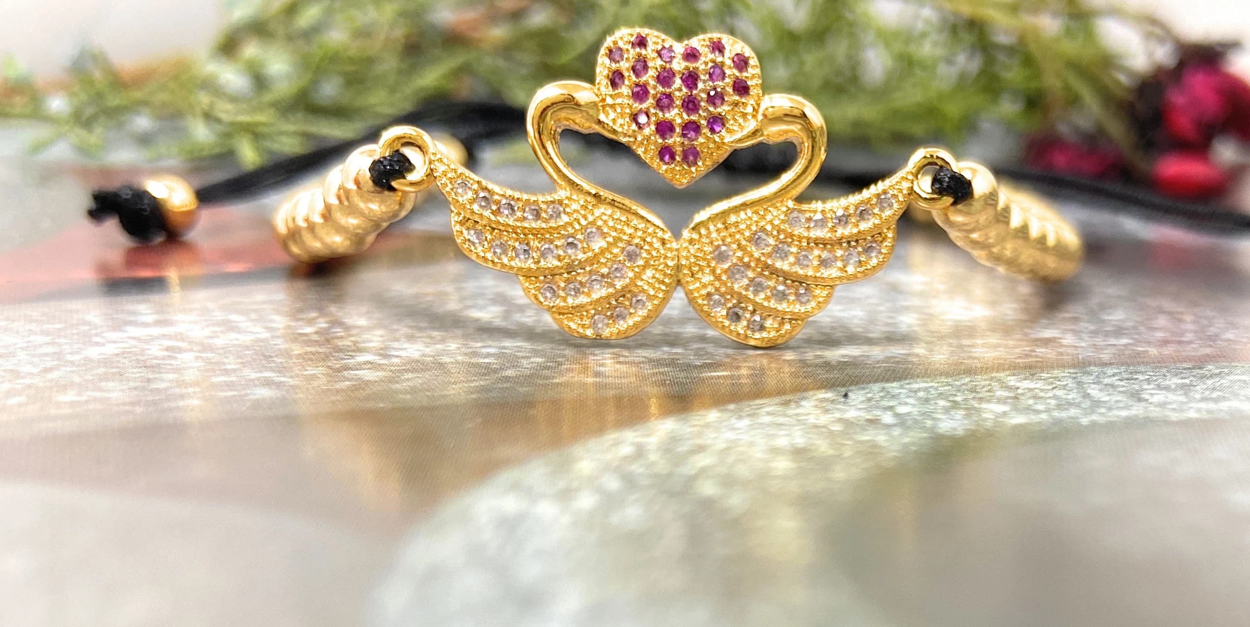 Cubic Zirconia Two Swans Fashion Bracelet | Pave Swan & Heart Adjustable Bracelet | 14K Gold Filled Dainty Link Bracelet | Double Swan Charm