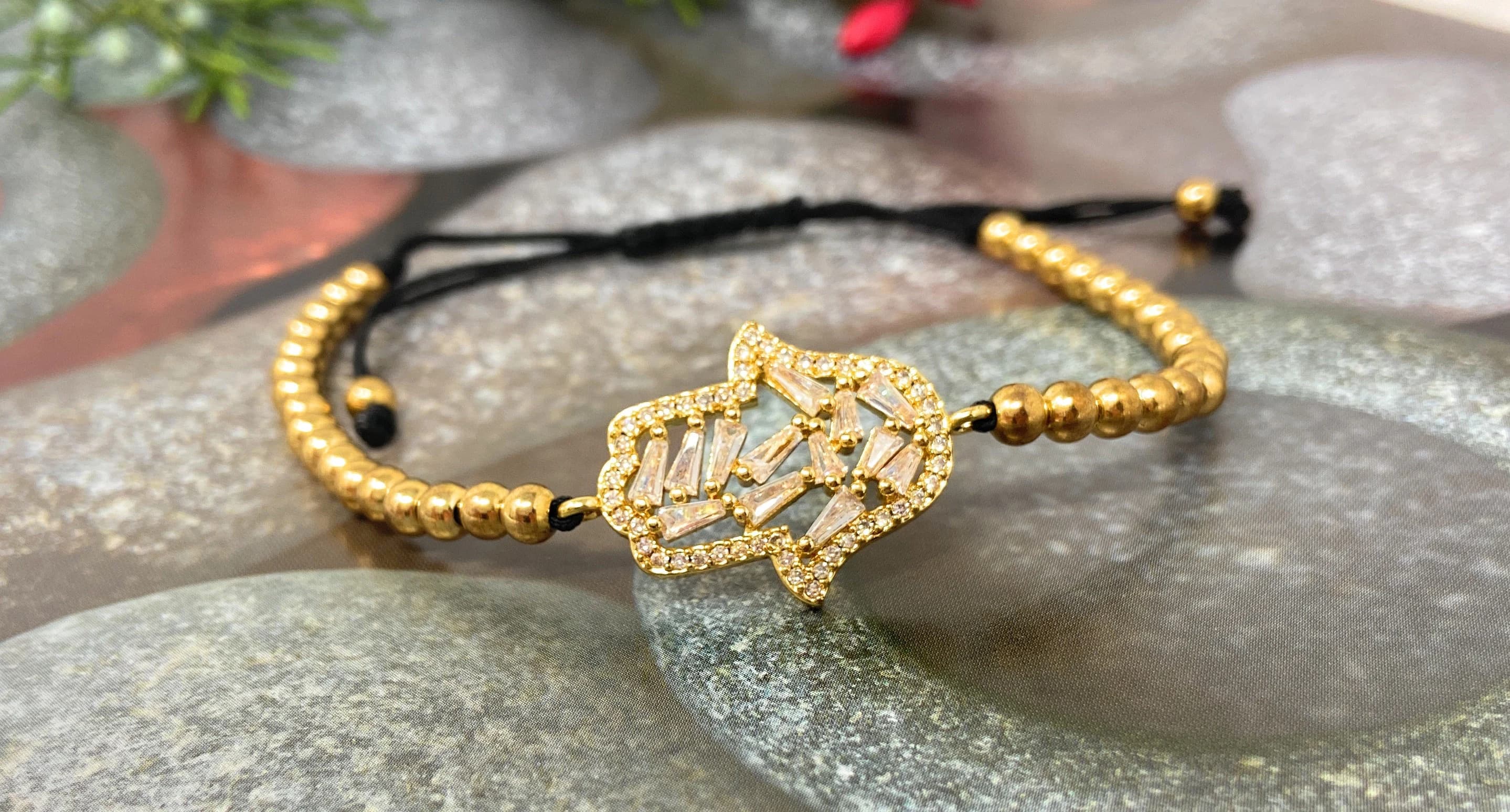 Baguette Zirconia Hamsa Hand Adjustable Bracelet | Gold Plated Protection Hamsa Hand  Bracelet | Large Hamsa HandCharm Bracelet - image 3