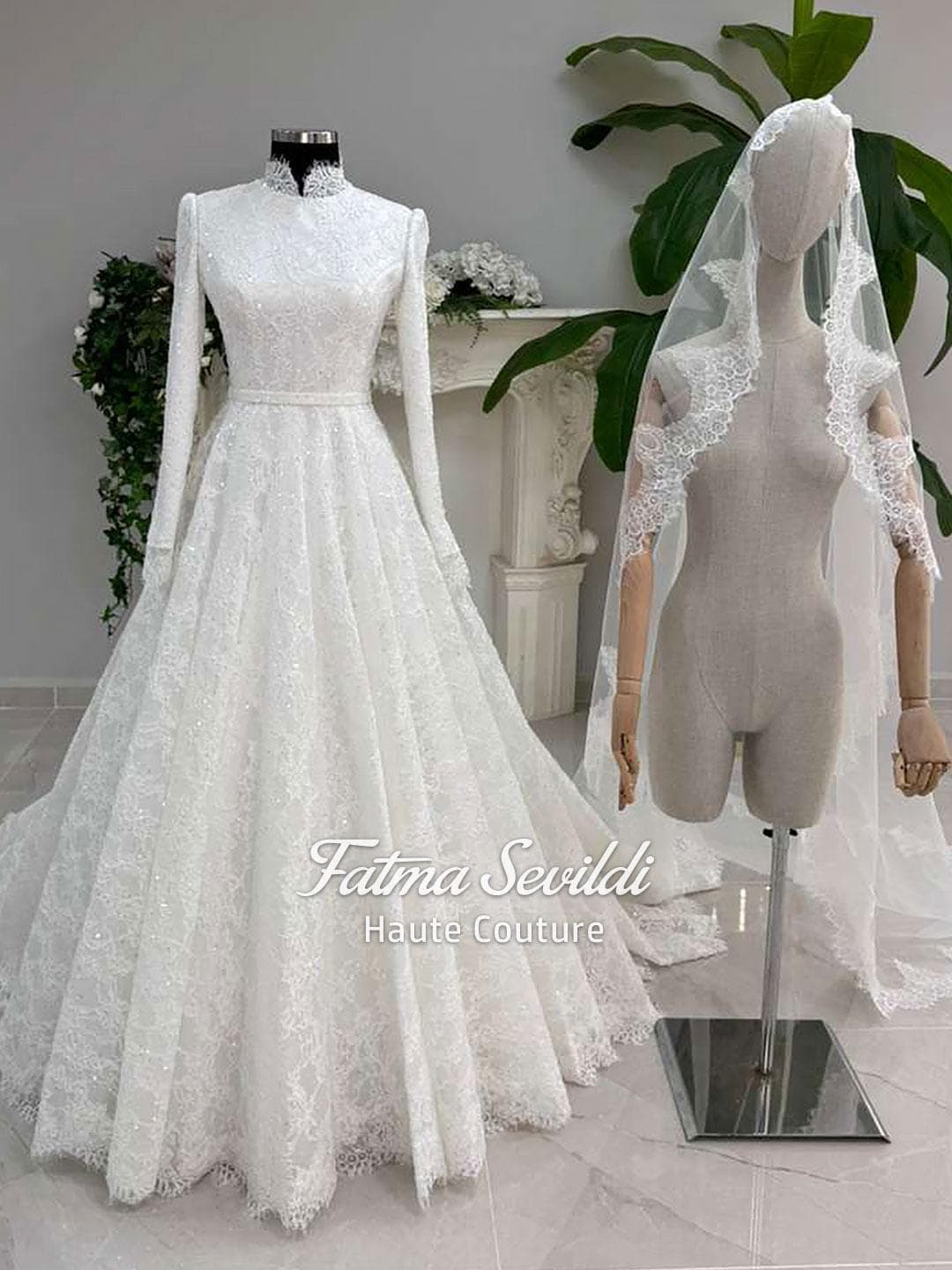 Veiled hijab wedding dress with high neck, long sleeves, and full beaded lace for a luxury modest bridal look. Includes premium lace veil and matching headscarf.