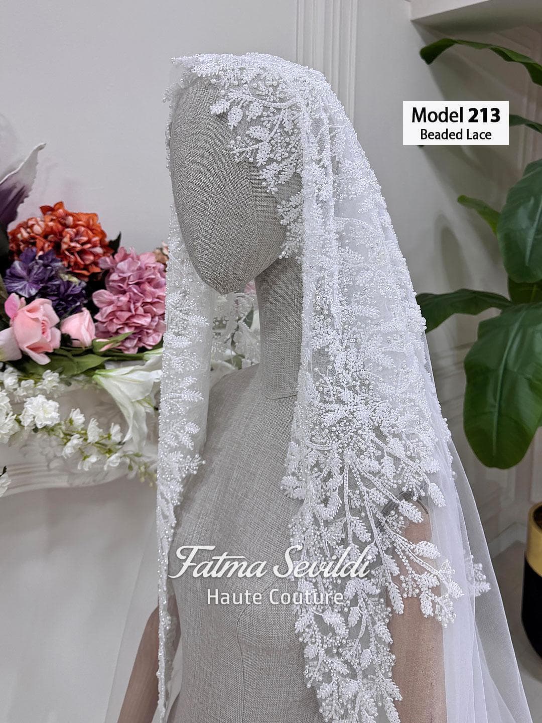Beaded Lace Cathedral Bridal Veil, Hijab-Friendly Long Ivory Wedding Veil V9