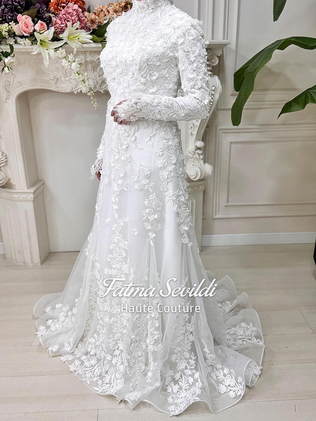 Elegant Mermaid Hijab Wedding Dress, High Neck Long Sleeve 3D Lace Detachable Skirt