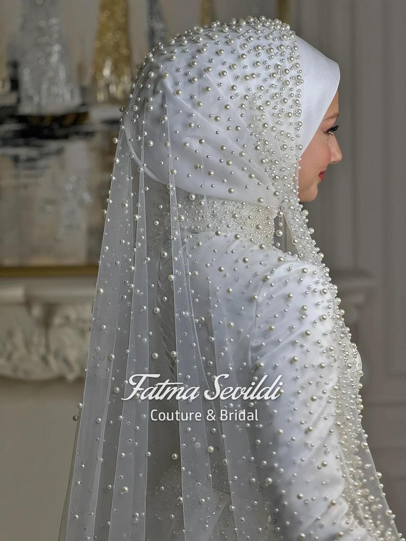 Pearl Lace Cathedral Bridal Veil, Hand-Sewn Hijab-Friendly Ivory Wedding Veil