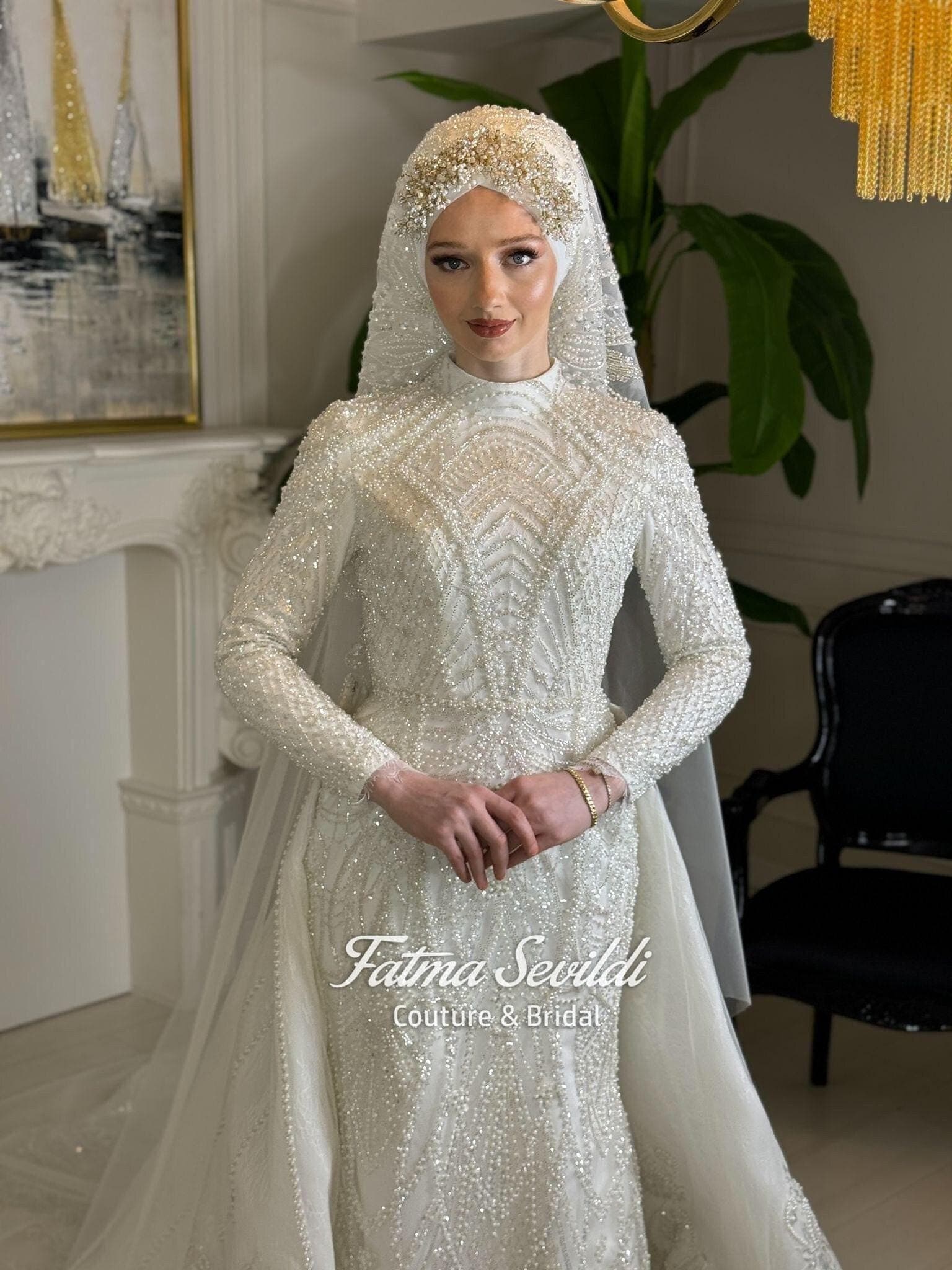 Muslim Wedding Dress with Hijab, Beaded Lace High Neck Long Sleeve A-Line Ballgown