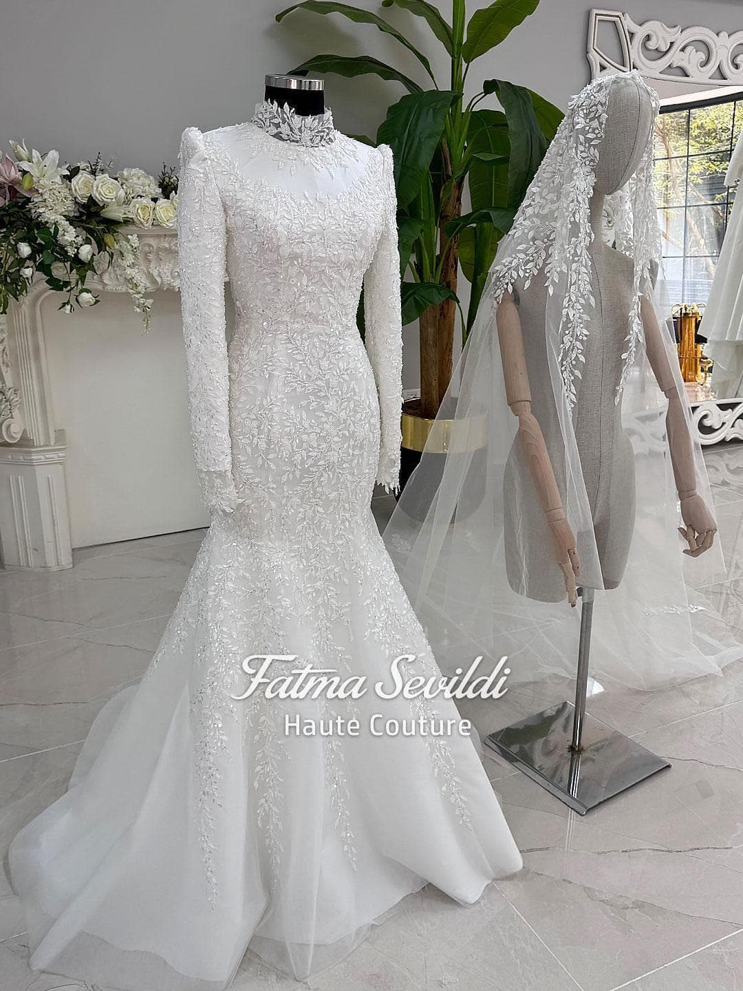 Muslim Wedding Dress with Hijab, Beaded Lace High Neck Long Sleeve Mermaid Modest Bridal