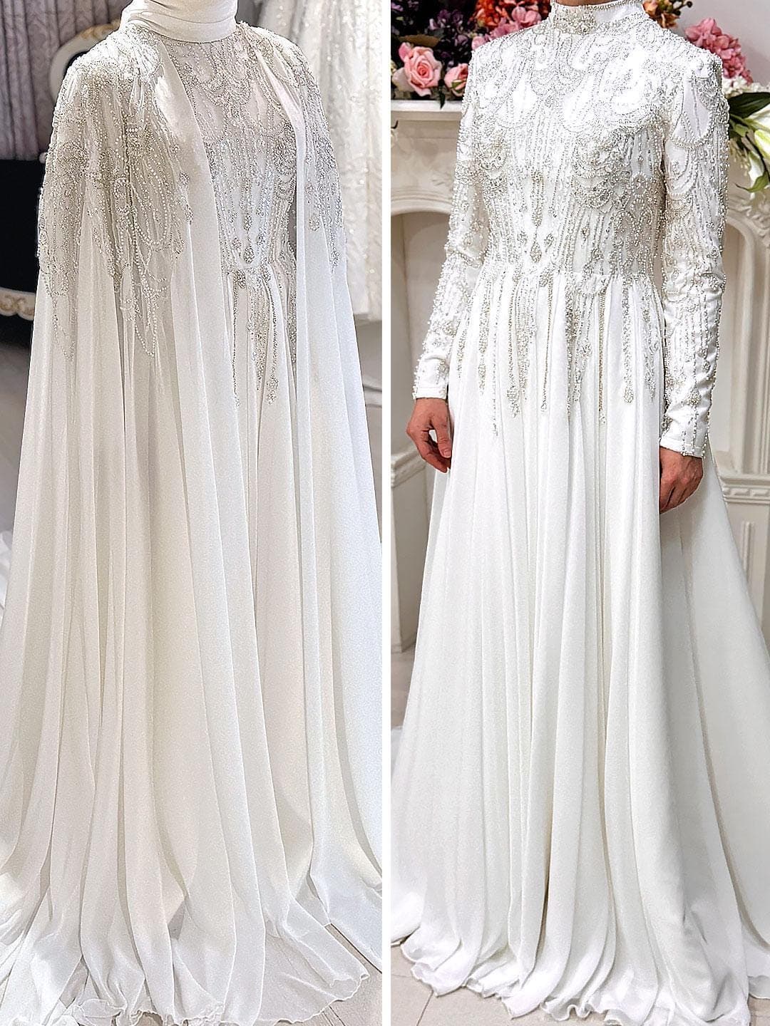 Minimal satin hijab wedding dress with long cape and long sleeves, custom made for a luxury modest bridal look. Full coverage silhouette with elegant drape for modern Muslim brides.
