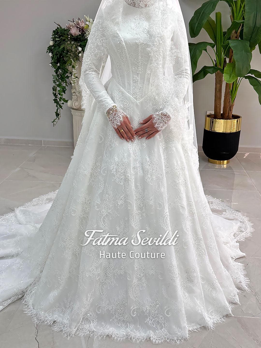 Muslim Basque Wedding Dress with Hijab, High Neck Long Sleeve, Lace A-Line, Corset Bodice