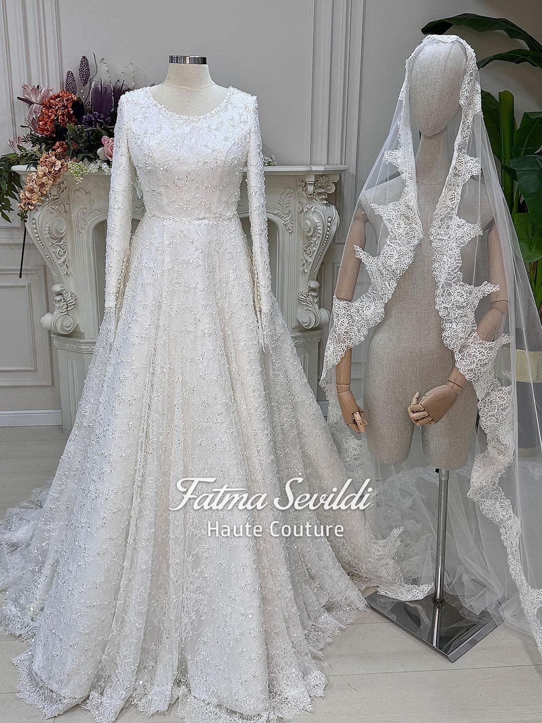 Muslim Wedding Dress with Hijab, Full Beaded Lace Long Sleeve A-Line Modest Bridal Gown