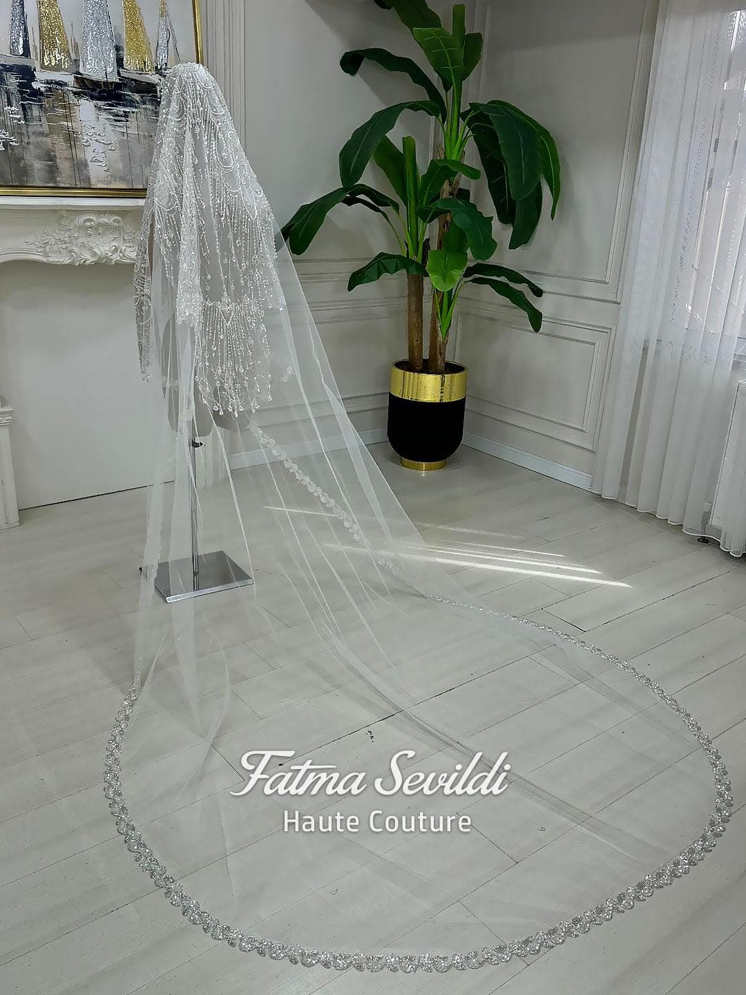 Hijab wedding veil with shimmering beaded lace embroidery and cathedral-length tulle train, designed for a modest bridal look with a luxury finish. Close-up views show the lace edge detail and elegant drape.