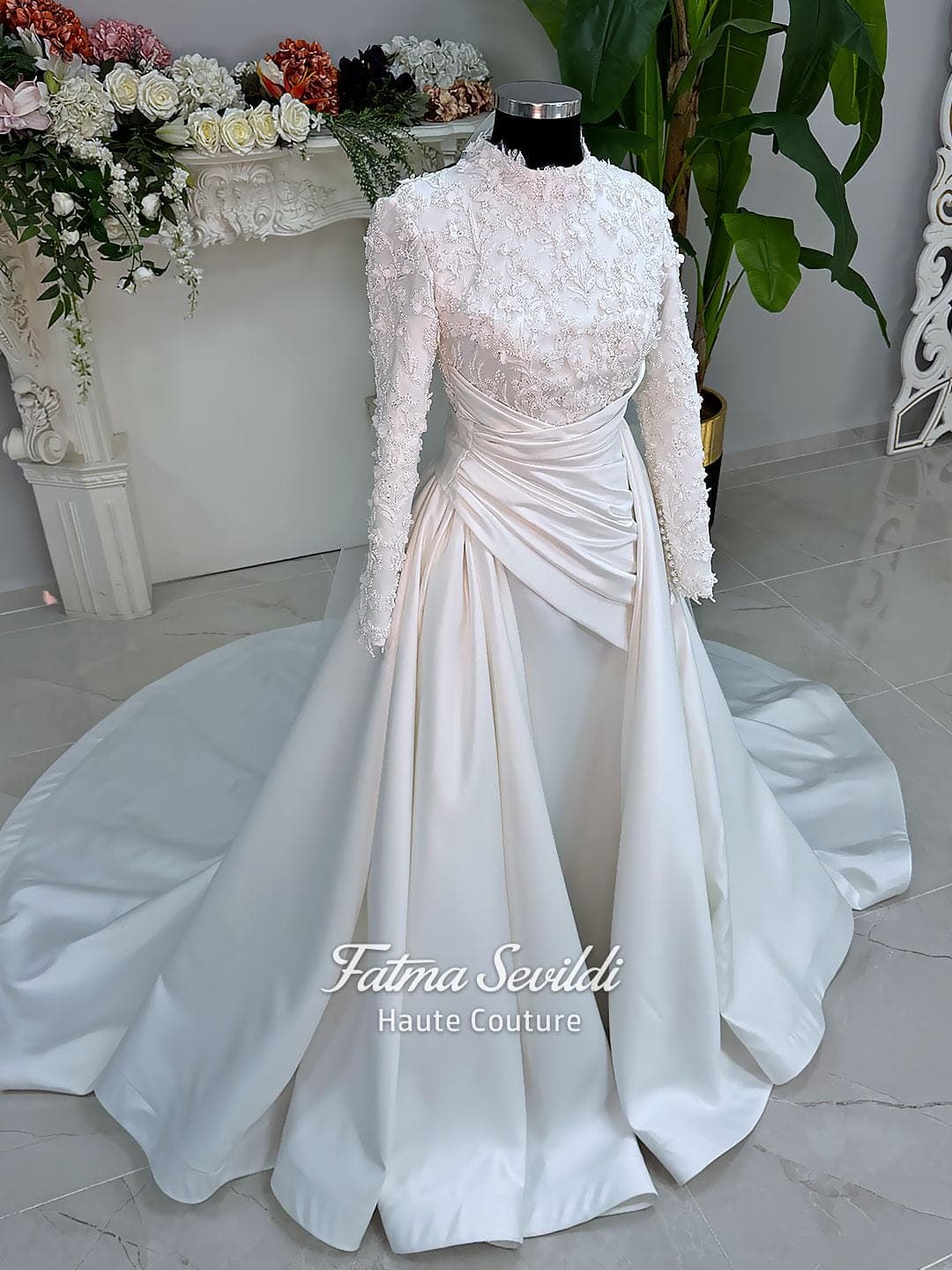 Custom Hijab Wedding Dress, Veiled Modest Bridal Gown, Long Sleeve Floral Lace, A-Line Silhouette - image 5