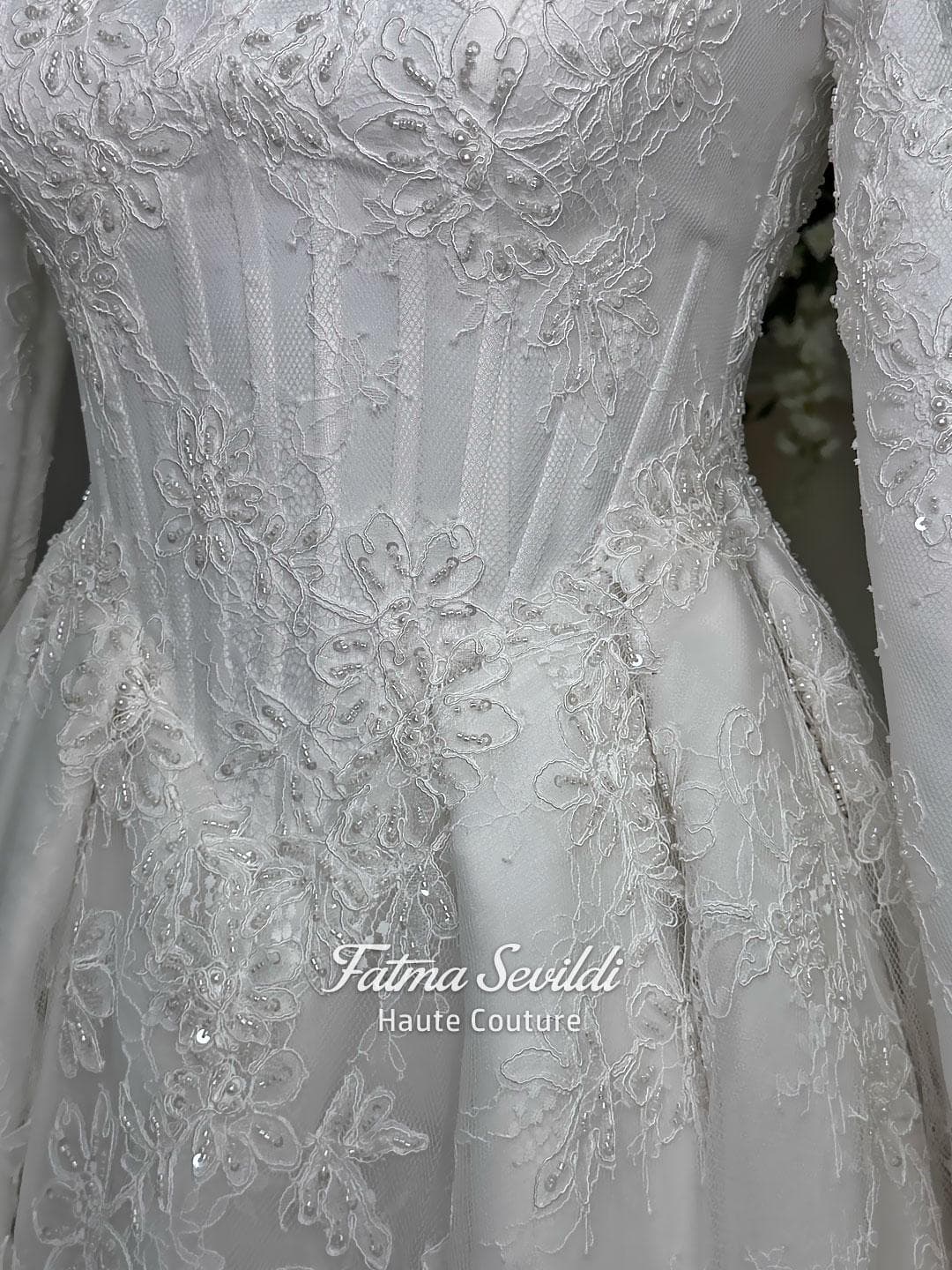 Luxury hijab wedding dress with A-line silhouette, beaded lace detailing and cathedral lace veil, modest long sleeve bridal gown for Muslim bride