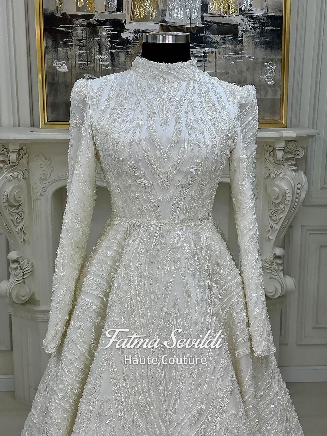 Fatma Sevildi Haute Couture hijab wedding dress, modest bridal gown with long sleeves, lace and beaded details, custom made Muslim wedding dress