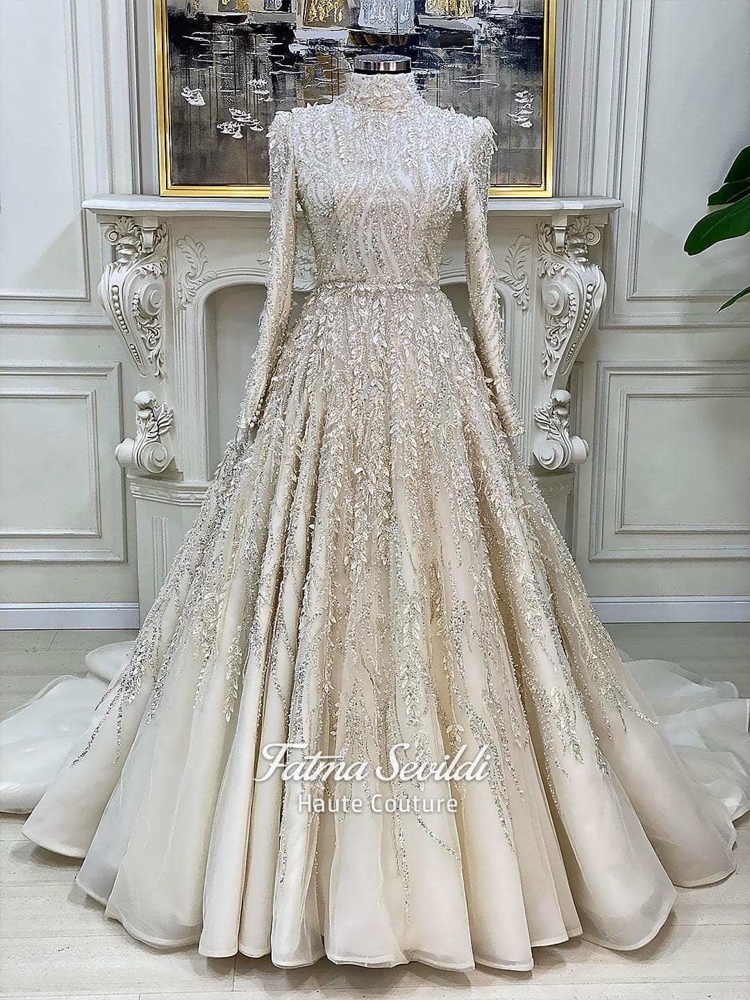 Luxury Hijab Wedding Dress, Veiled Beaded A-Line High Neck Long Sleeve Gown, Islamic Bridal - image 3