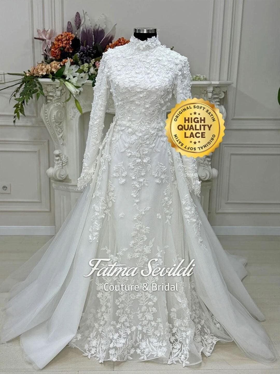 Fatma Sevildi Haute Couture hijab wedding dress, modest bridal gown with long sleeves, lace and beaded details, custom made Muslim wedding dress