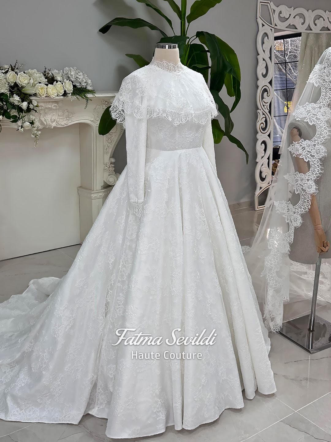 Elegant Lace Hijab Wedding Dress, High Neck Long Sleeve A-line Gown, Mantilla Veil - image 3