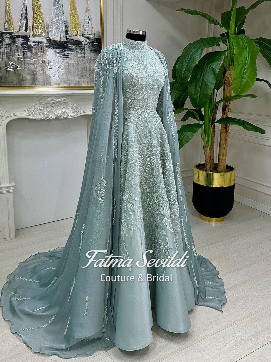 Caped Hijab Evening Gown, High Neck Long Sleeve Beaded Lace Modest Ballgown