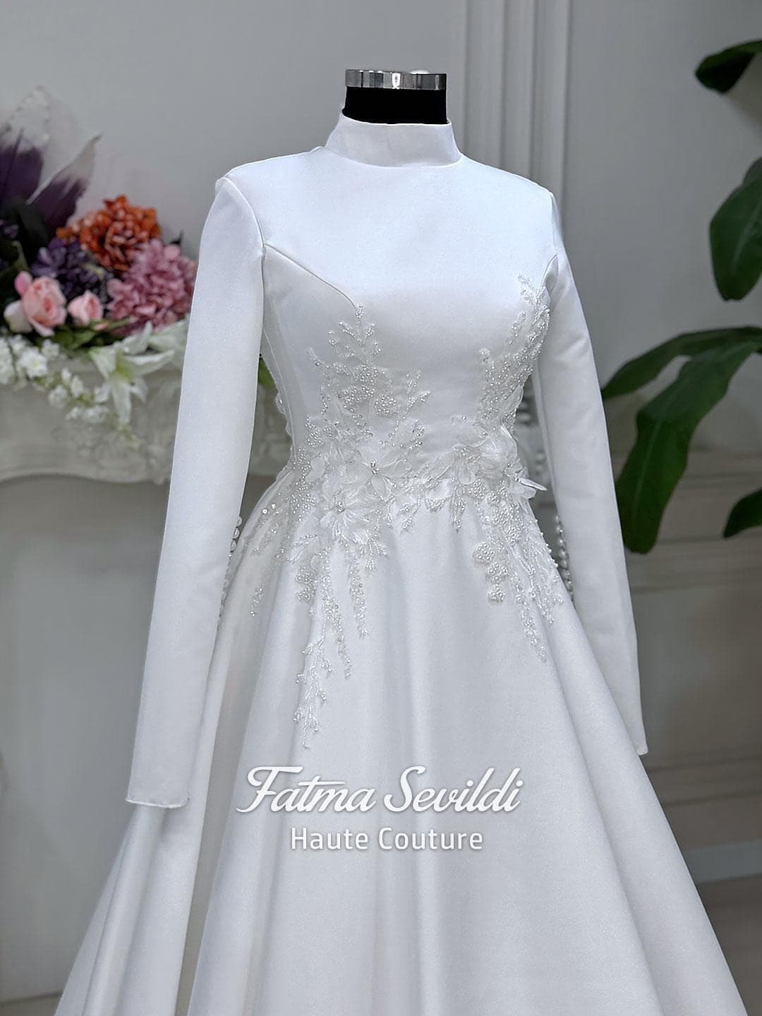 Veiled hijab wedding dress with 3D floral beaded lace, high neck and long sleeves, custom-made modest bridal gown.