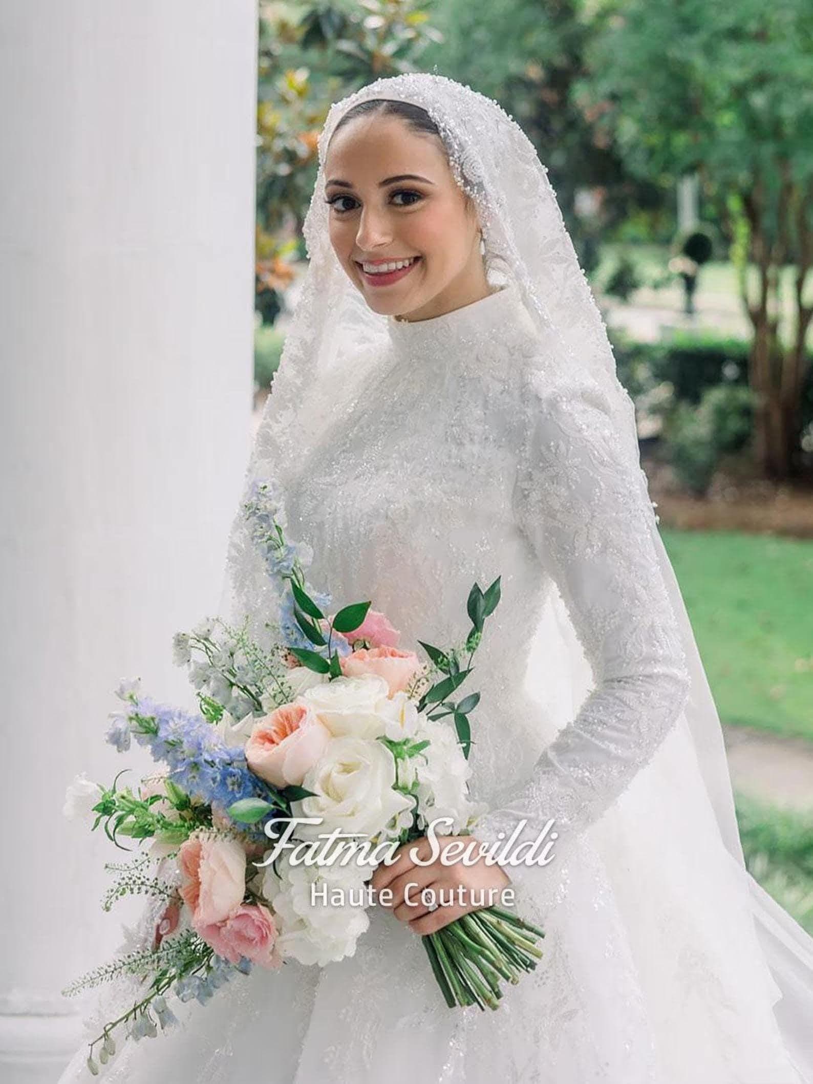 Muslim Wedding Dress with Hijab, High Neck Long Sleeve Beaded Lace Couture Ballgown Set