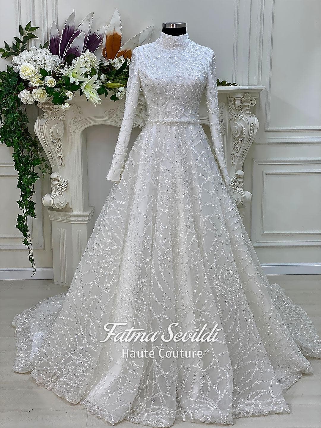 Veiled hijab wedding dress, full beaded lace ballgown, high neck long sleeve - image 3