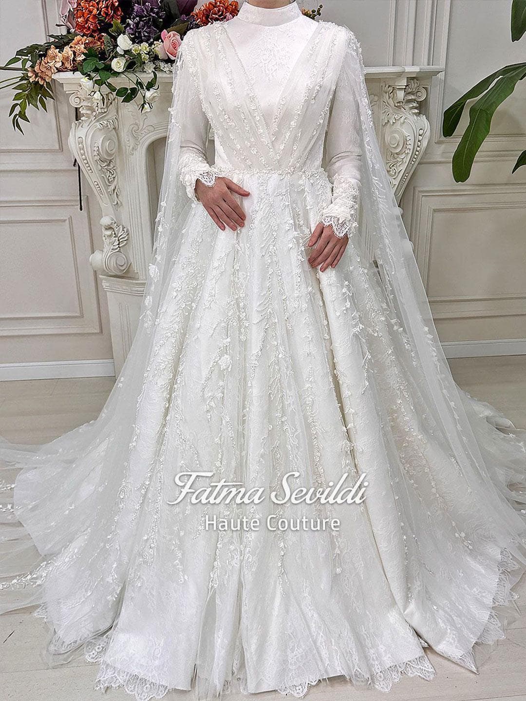 Muslim Wedding Dress with Hijab, Floral Lace Long Sleeve Modest A-Line Bridal Gown