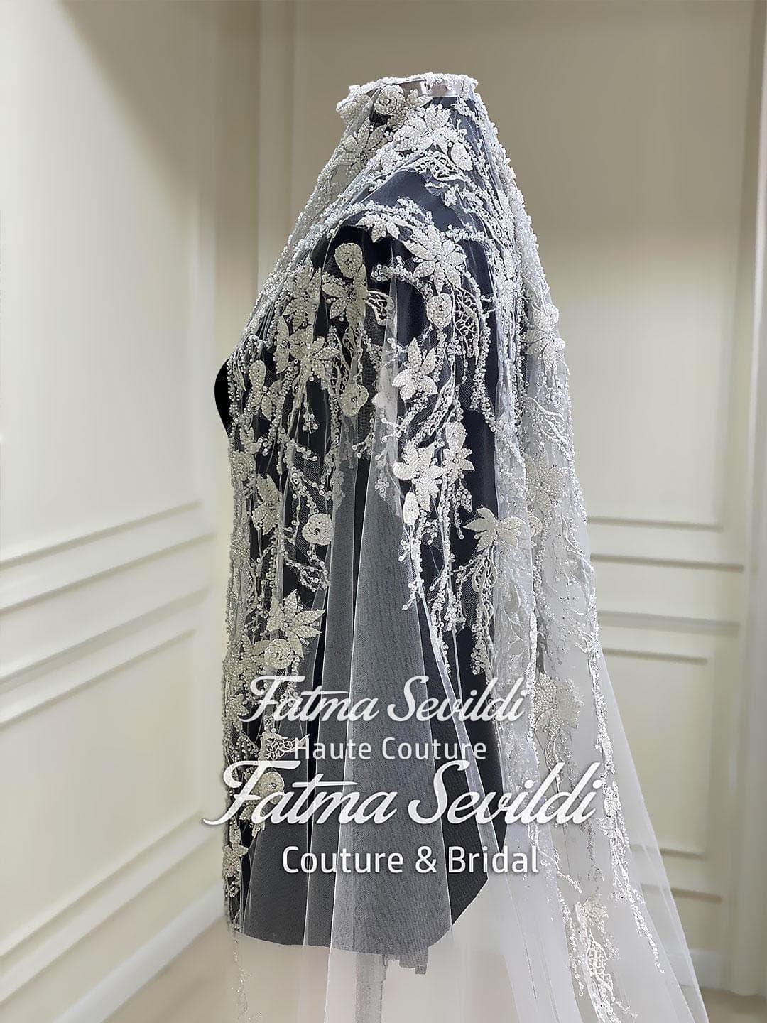 Veiled Muslim Wedding Dress, High Neck Beaded Lace, Long Sleeve Elegant Modest A-Line Gown