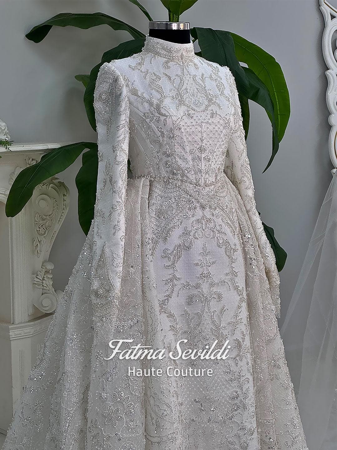 Fatma Sevildi Haute Couture hijab wedding dress, modest bridal gown with long sleeves, lace and beaded details, custom made Muslim wedding dress