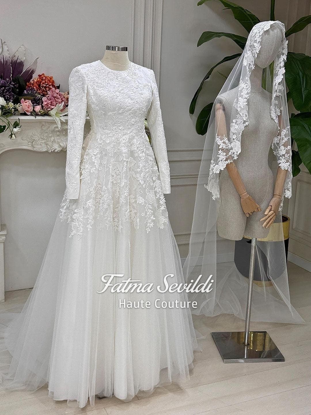 Muslim Wedding Dress with Hijab, Beaded Lace High Neck Long Sleeve A-Line Modest Gown