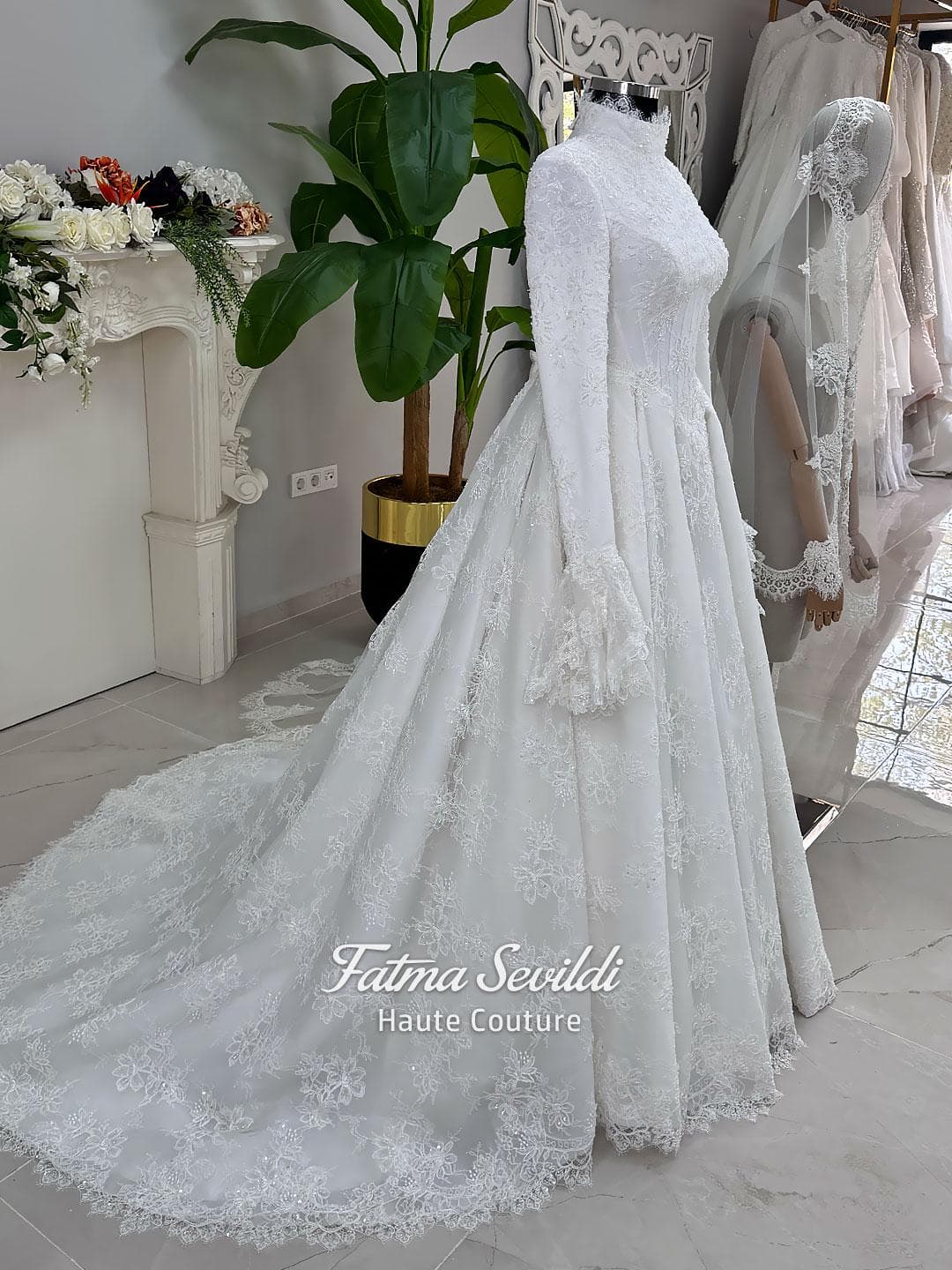 Luxury hijab wedding dress with A-line silhouette, beaded lace detailing and cathedral lace veil, modest long sleeve bridal gown for Muslim bride