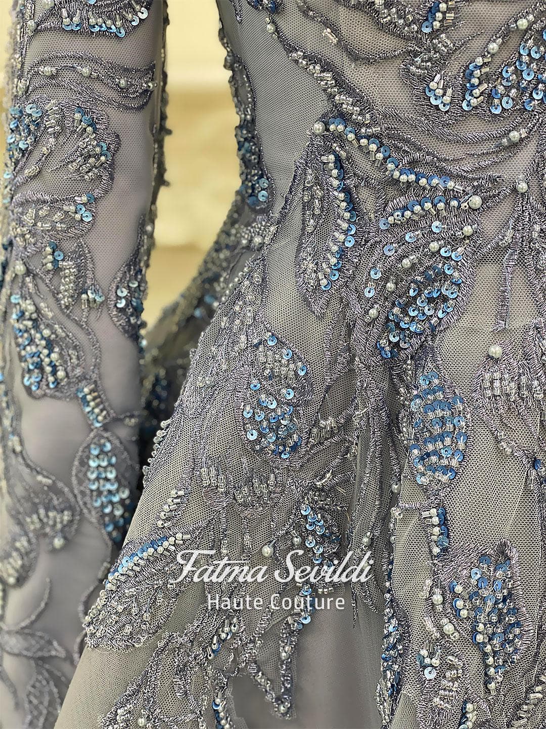 Modest Wedding Dress, Blue Beaded Lace Hijab Evening Gown High Neck Long Sleeve - image 4