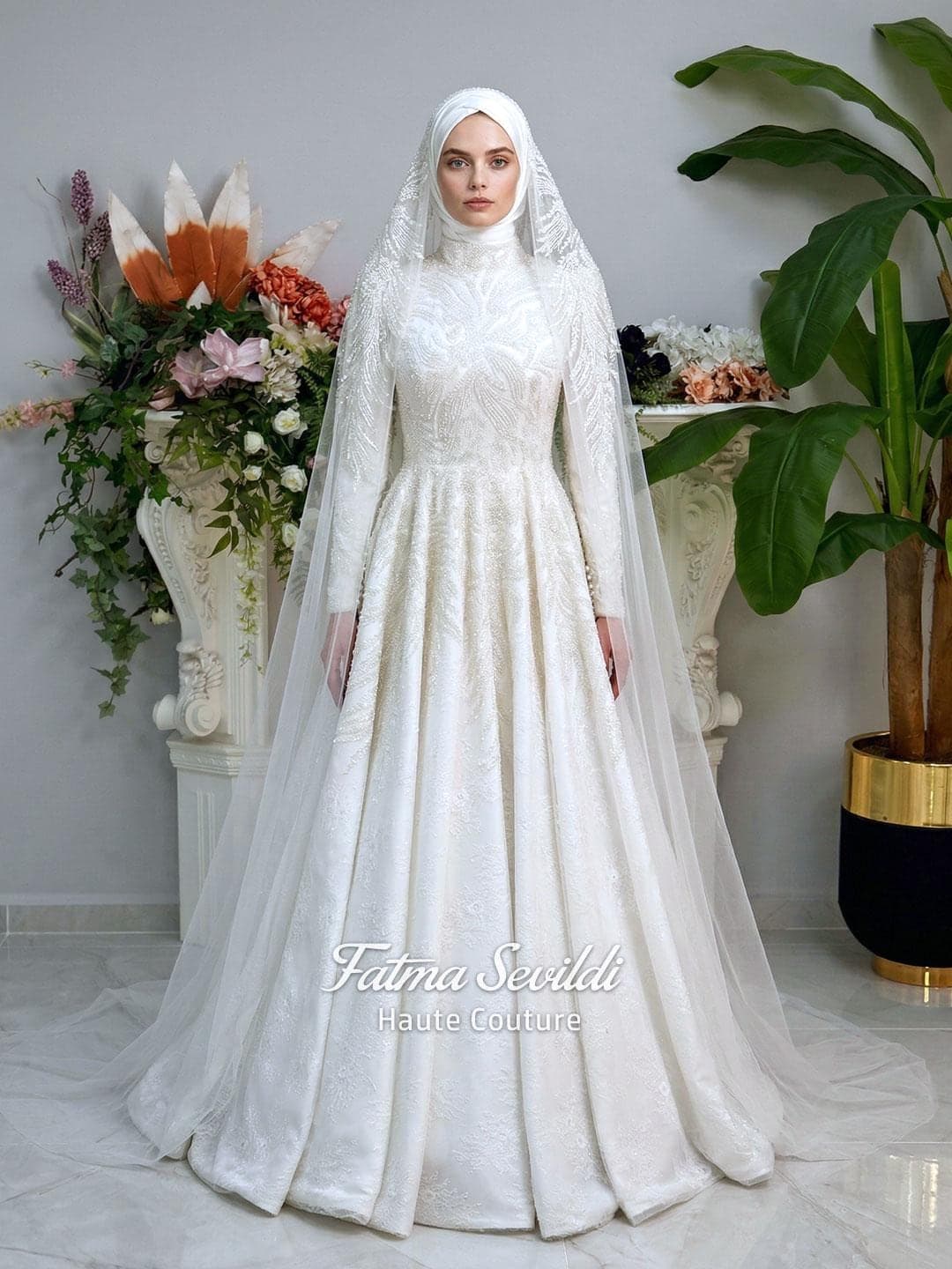 Muslim Wedding Dress with Hijab, Beaded Lace A-Line, High Neck Long Sleeve, Custom Made