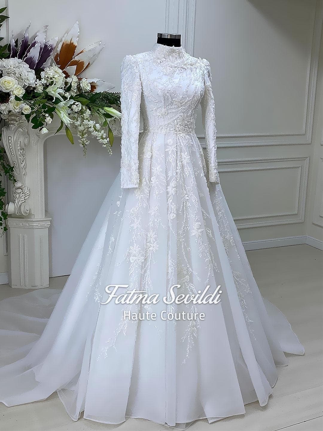 Veiled Muslim Wedding Dress, High Neck Beaded Lace, Long Sleeve Elegant Modest A-Line Gown