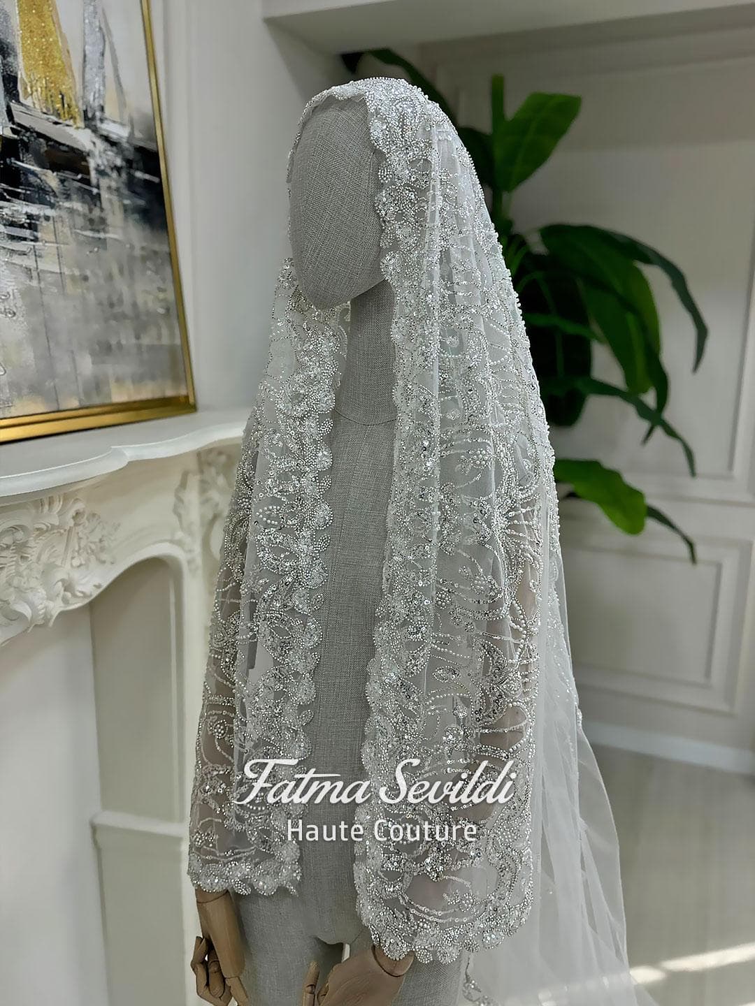 Hijab Wedding Veil, Beaded Lace Mantilla Cathedral Length Modest Bridal Veil