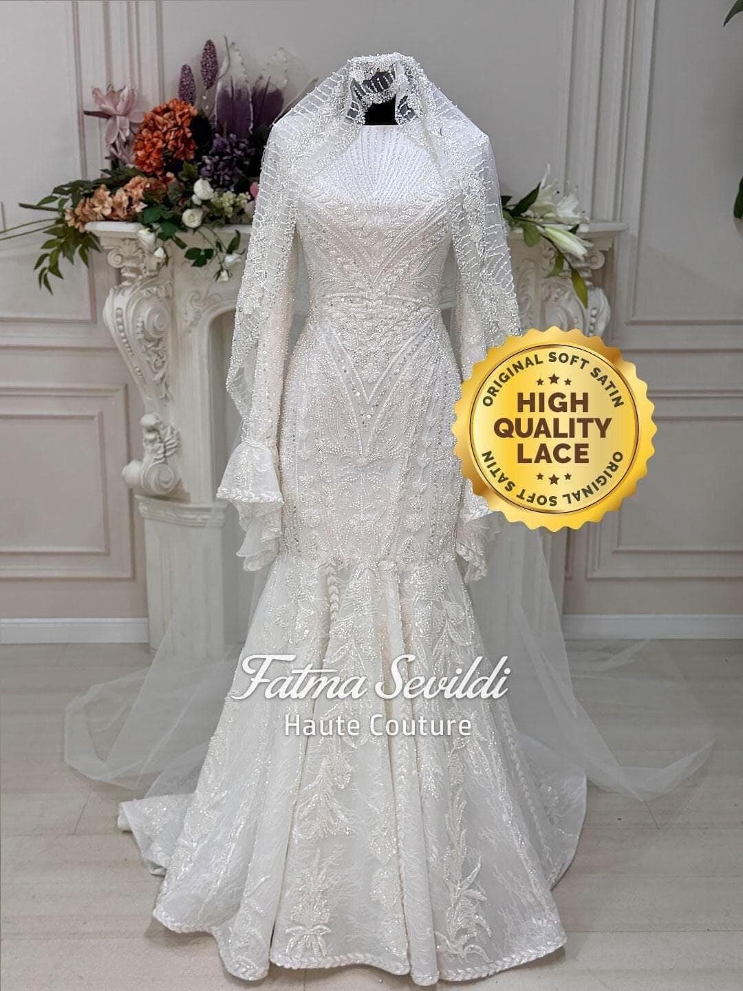 Muslim Wedding Dress with Hijab, Beaded Lace High Neck Long Sleeve A-Line Modest Gown