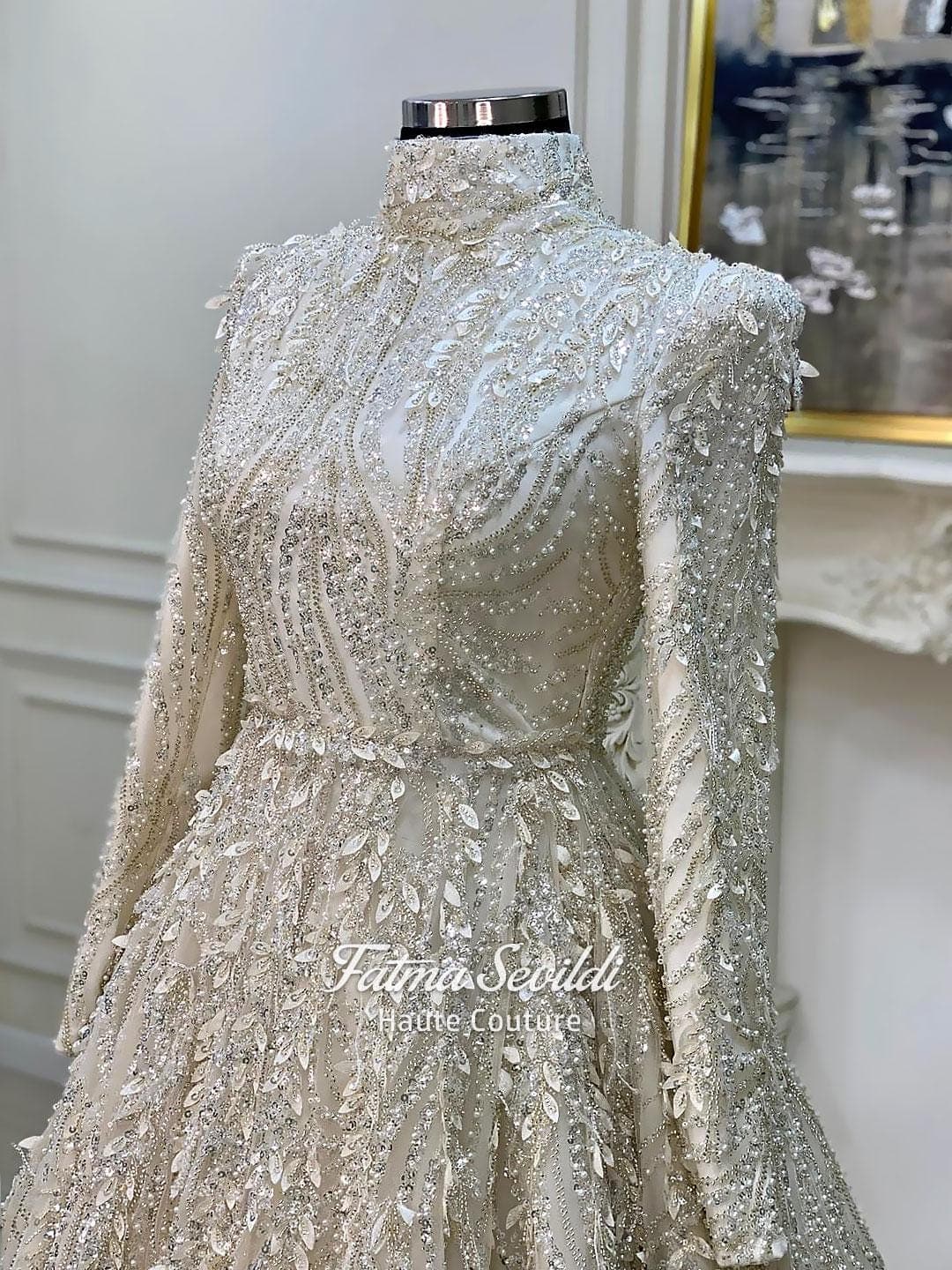Luxury Hijab Wedding Dress, Veiled Beaded A-Line High Neck Long Sleeve Gown, Islamic Bridal - image 5
