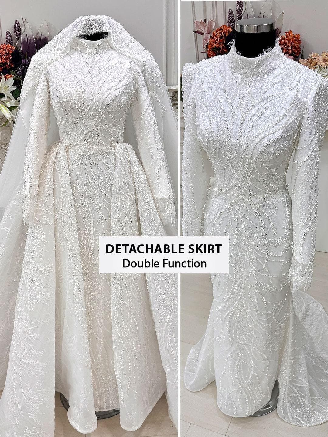 Veiled hijab wedding dress in a modest mermaid silhouette with detachable skirt and hand-beaded lace, made to measure for luxury coverage. Includes a premium lace veil for a complete couture bridal set.