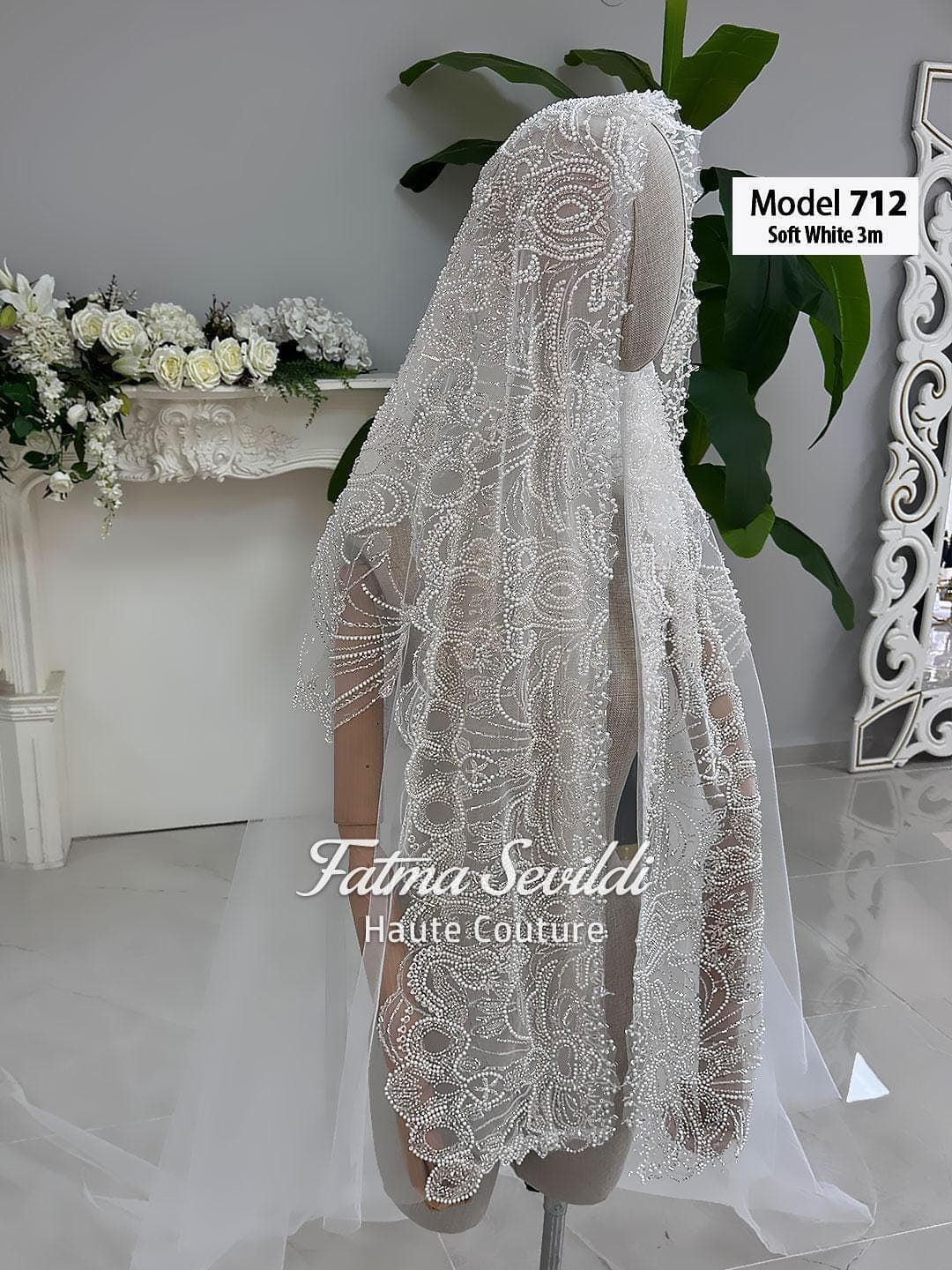 Lace edge cathedral wedding veil with hand-sewn beaded lace mantilla frame on soft premium tulle. Hijab-friendly option with optional hijab head set.