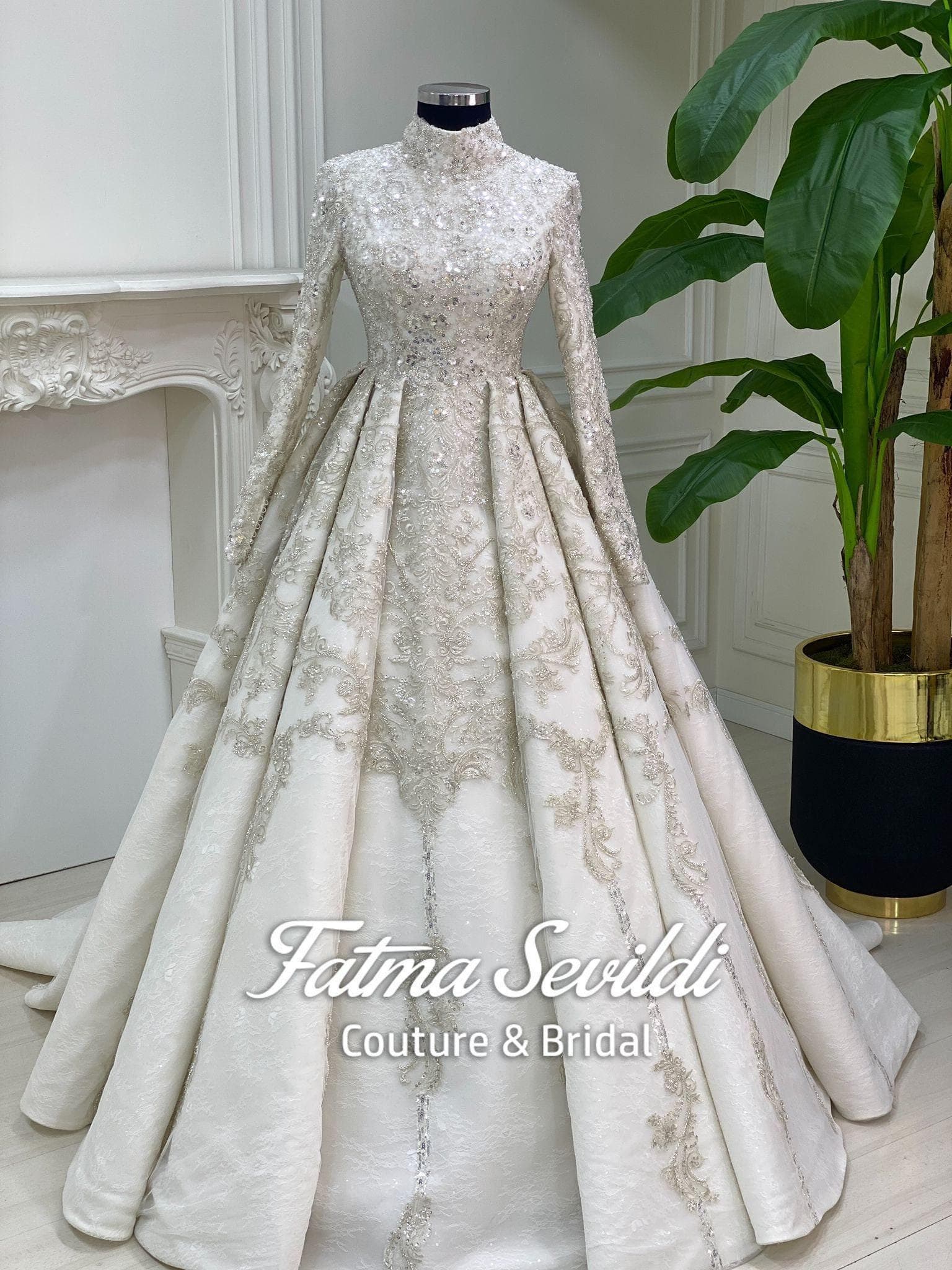 Muslim Wedding Dress with Hijab, Beaded Lace High Neck Long Sleeve Princess Gown, Custom