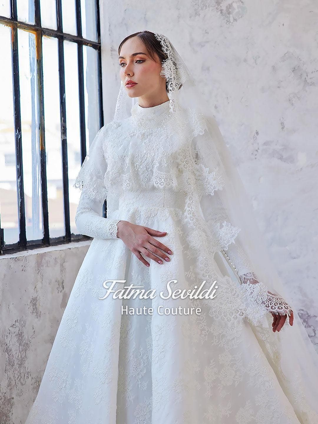 Luxury Hijab Wedding Dress, Veiled Lace Ball Gown, High Neck Long Sleeve Couture