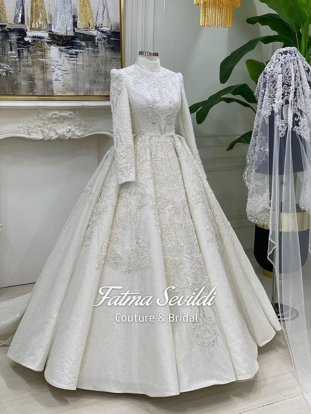 Muslim Wedding Dress with Hijab, Beaded Lace High Neck Long Sleeve Modest Ballgown