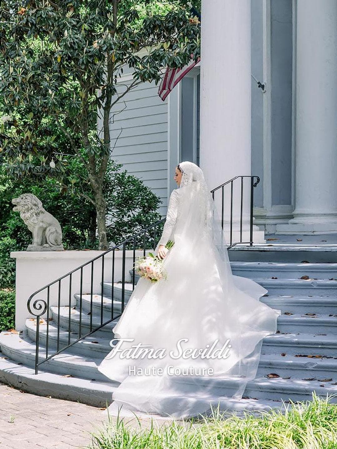 Veiled Hijab Wedding Dress, High Neck Beaded Lace Long Sleeve Elegant Ballgown