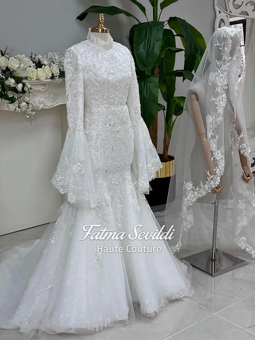 Modest Mermaid Wedding Dress, Beaded Lace High Neck, Long Sleeve Hijab Gown