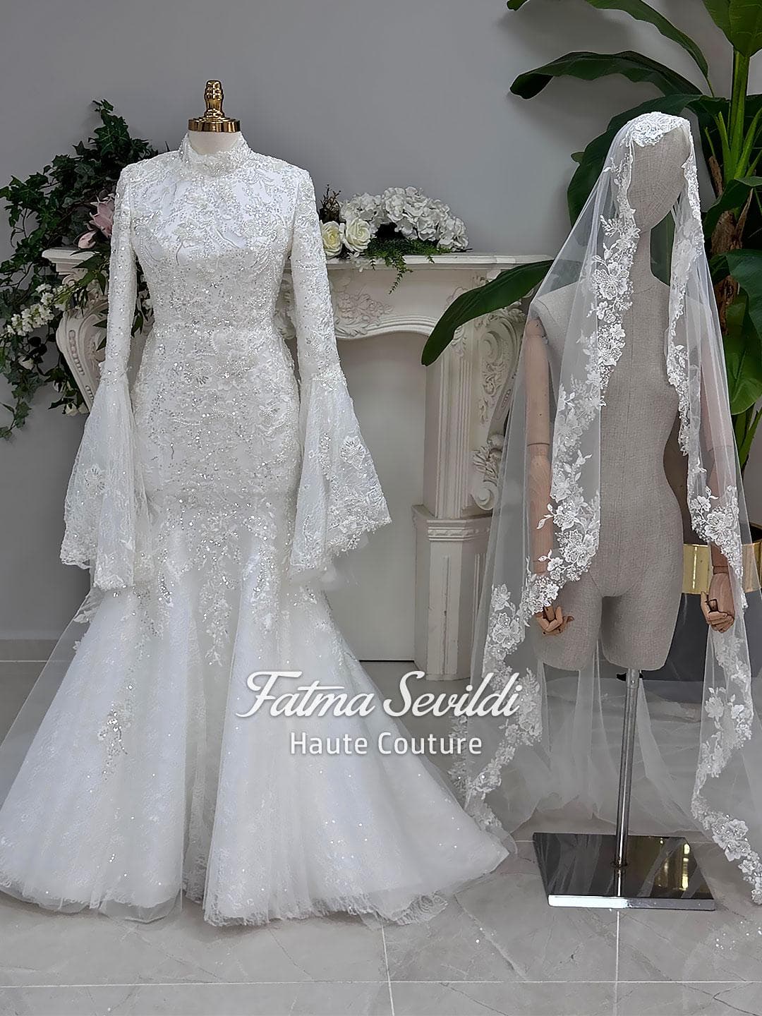 Modest Mermaid Wedding Dress, Beaded Lace High Neck, Long Sleeve Hijab Gown - image 3