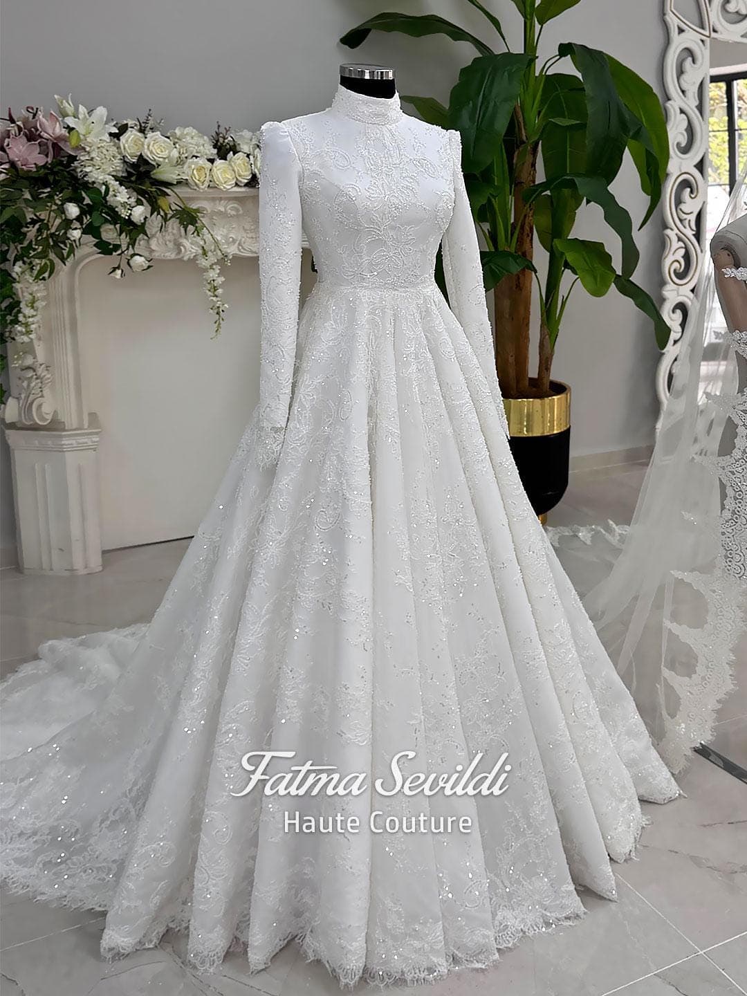 Fatma Sevildi Haute Couture hijab wedding dress, modest bridal gown with long sleeves, lace and beaded details, custom made Muslim wedding dress