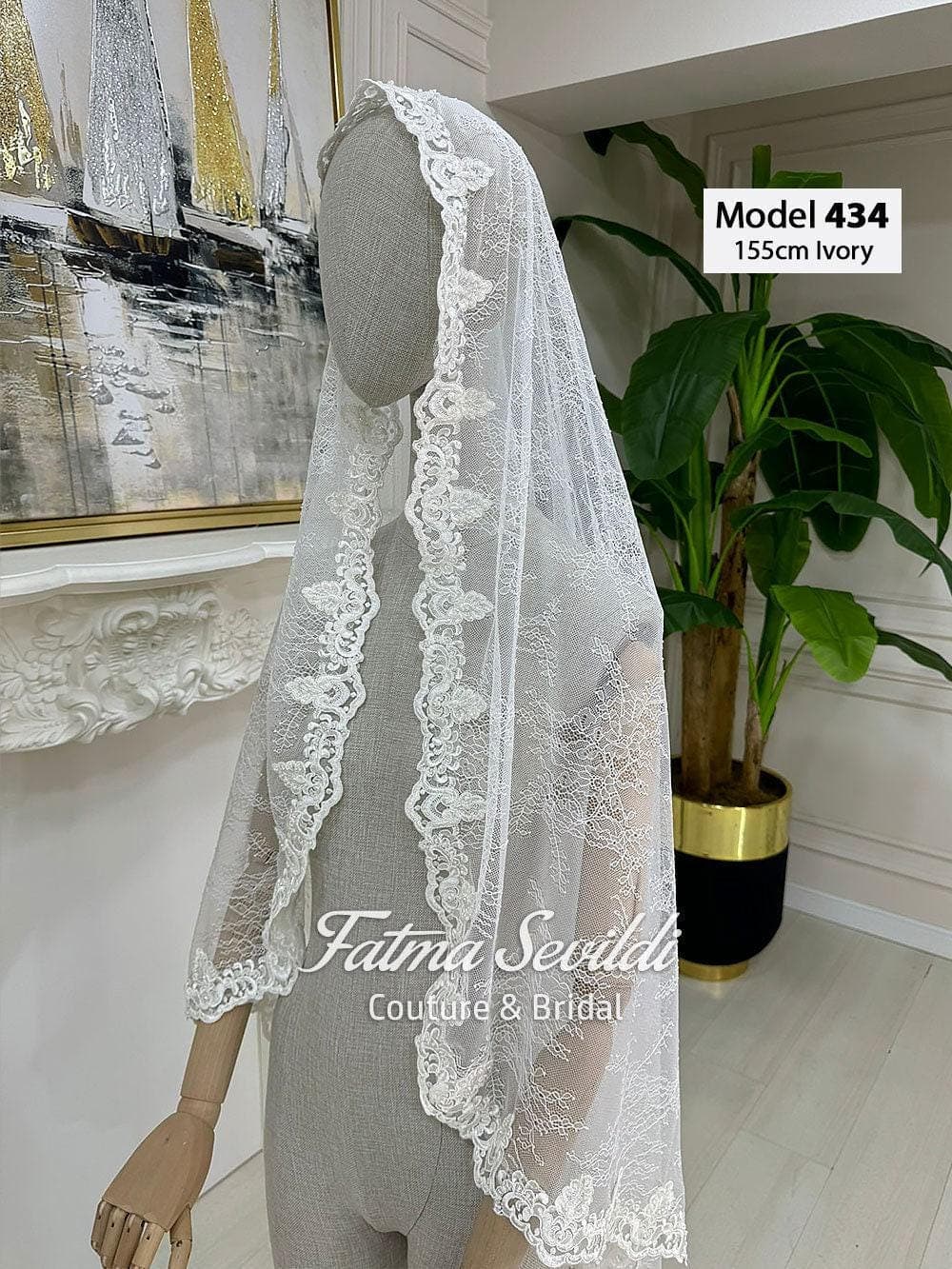 Short Beaded Lace Bridal Veil, Fingertip Waltz Hijab-Friendly Ivory Wedding Veil /SHORT3