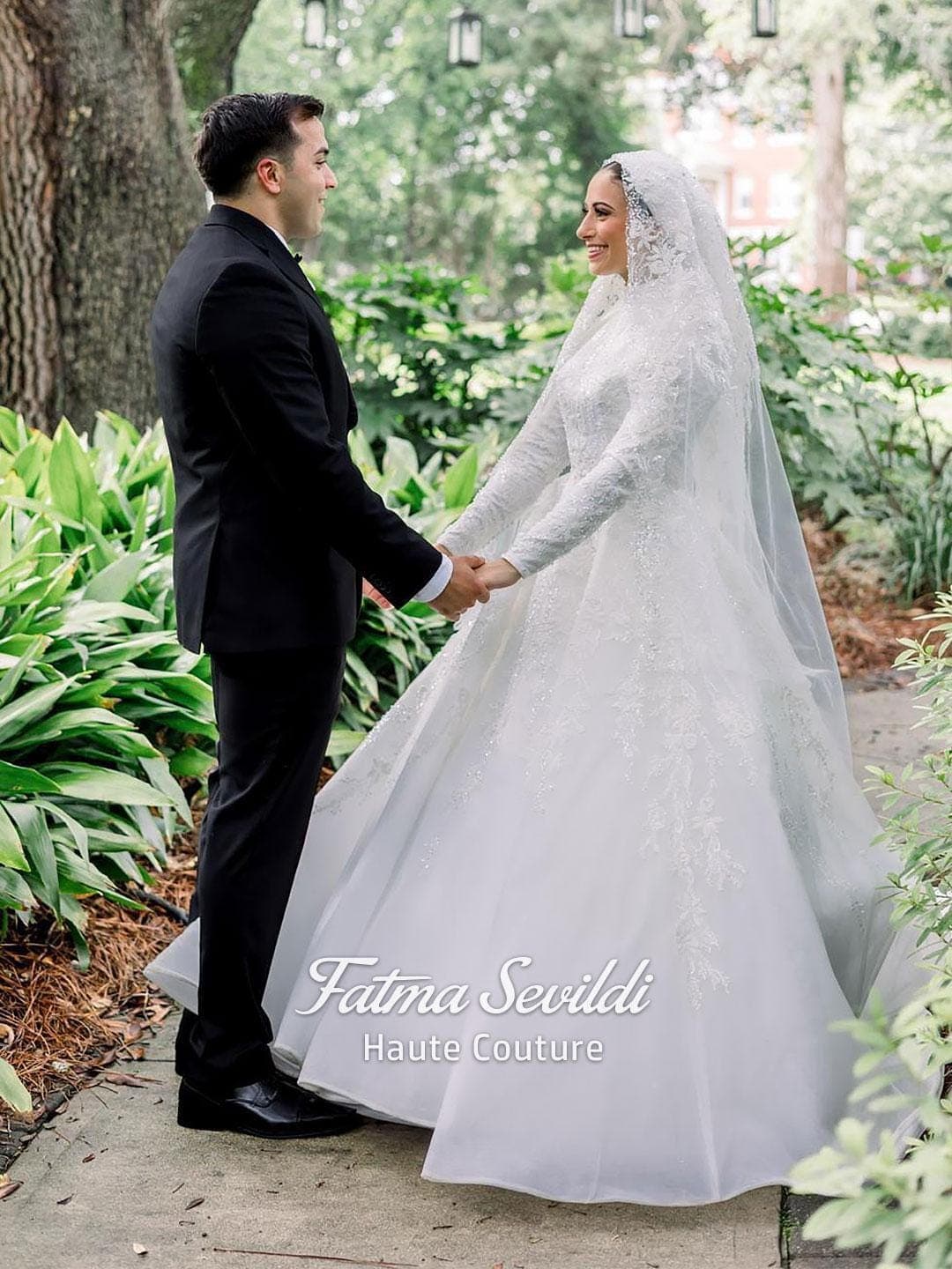 Veiled hijab wedding dress with high neck, long sleeves, and shimmering beaded lace in a couture ballgown silhouette. Includes headscarf, petticoat, and a premium lace veil.