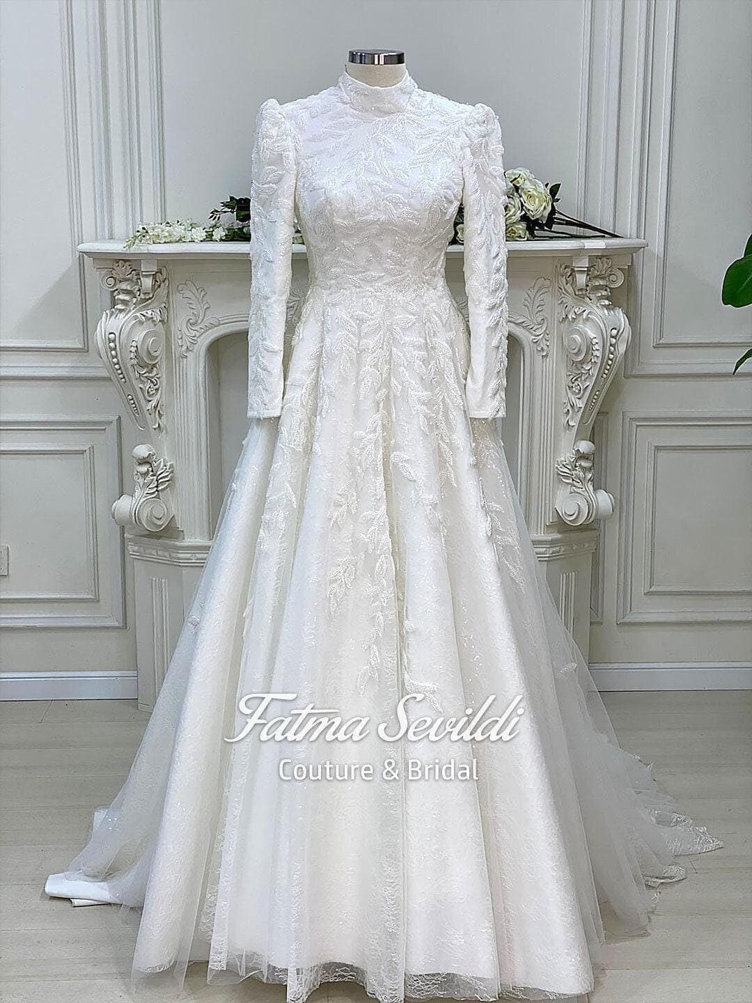 Hijab Wedding Dress, Beaded 3D Lace A-Line, High Neck Long Sleeve Modest Gown